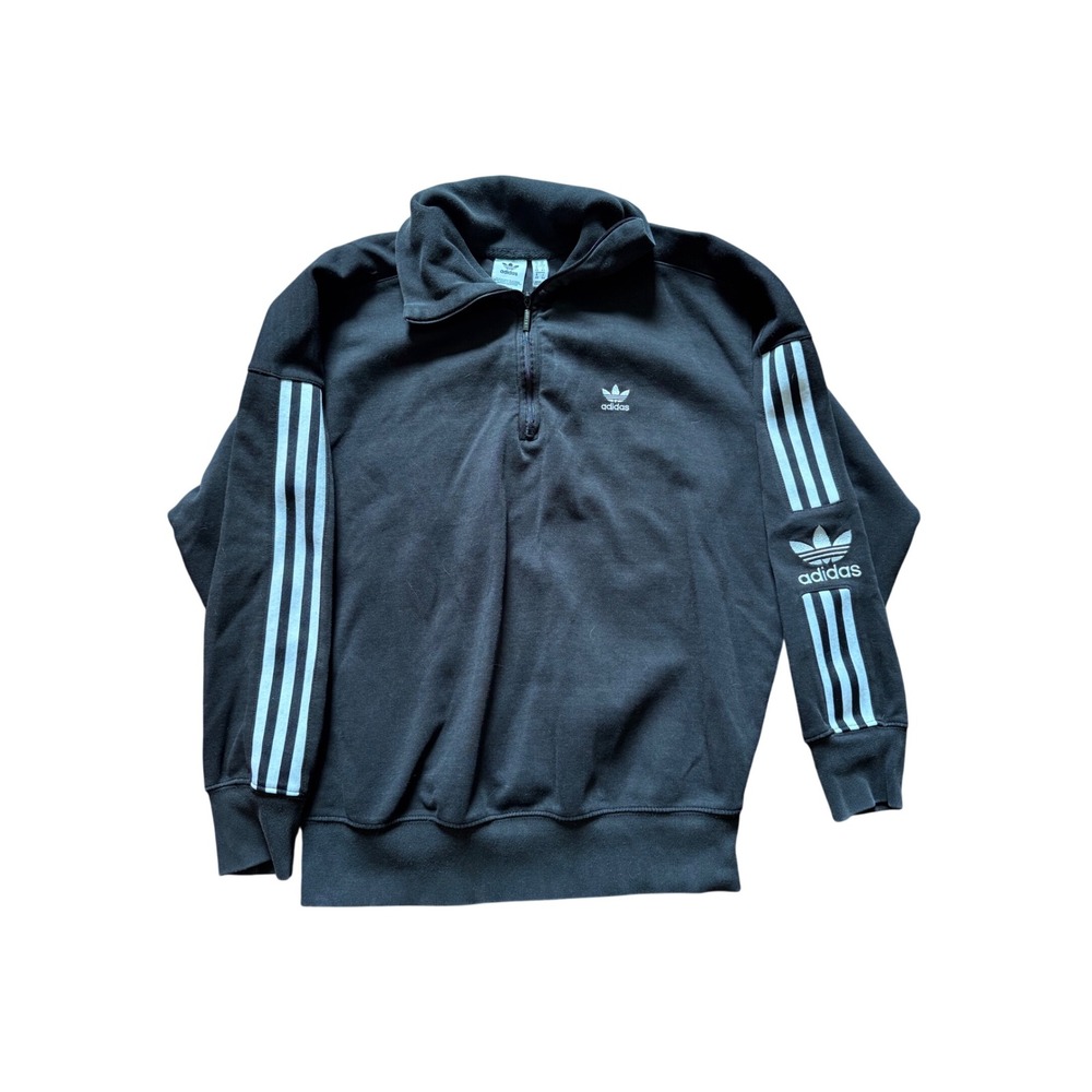 Adidas Originals Womens Quarter Zip Sweatshirt Black Trefoil 3 Stripe Pullover M